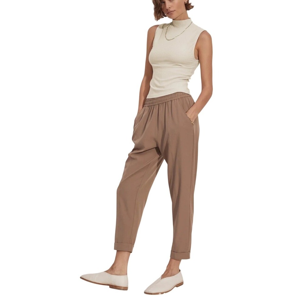 Varley Cypress Turn Up Pants Taupe Brown Stretch Twill Tapered Pants Women's M